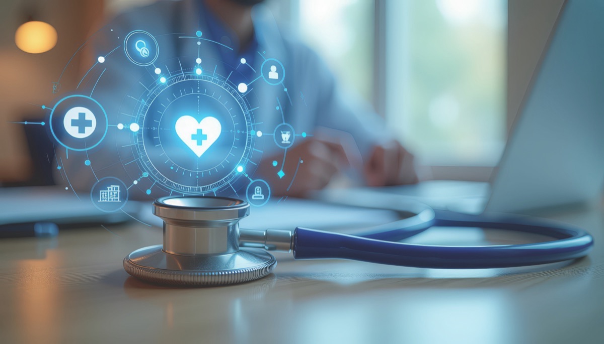 Stethoscope on a desk with healthcare icons floating above