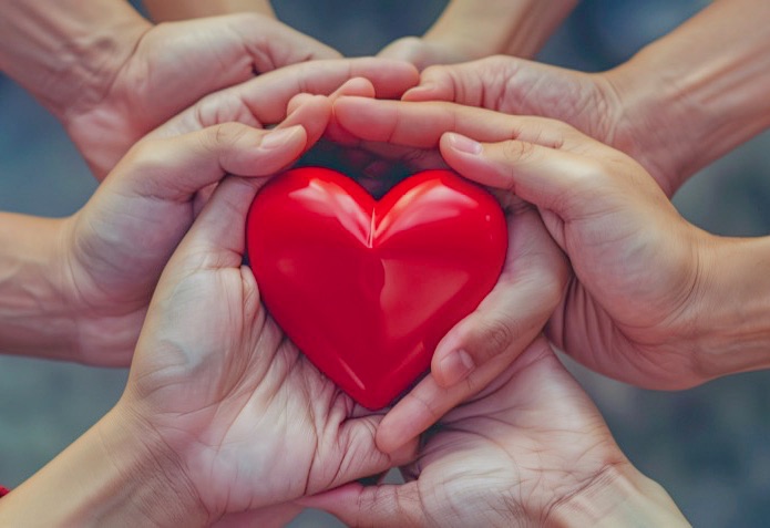 Hands holding up a red love heart