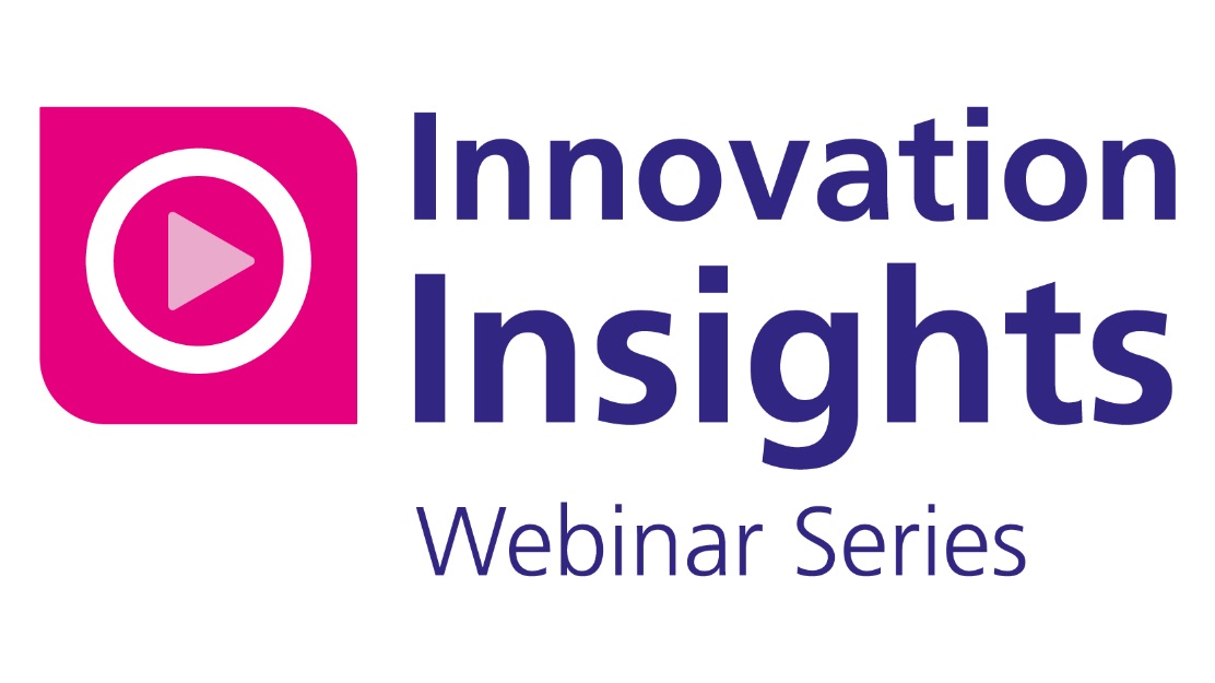 Logo of video play button with text "Innovation insights webinar series"
