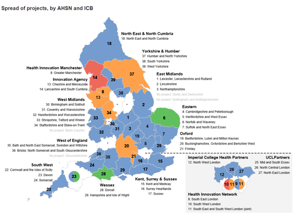 Spread of projects by AHSN and ICB